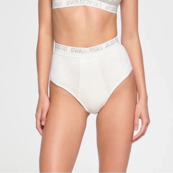 Skims x Swarovski Cotton Rib Crystal High-Waisted Brief Marble White 4X NEW - Picture 1 of 7